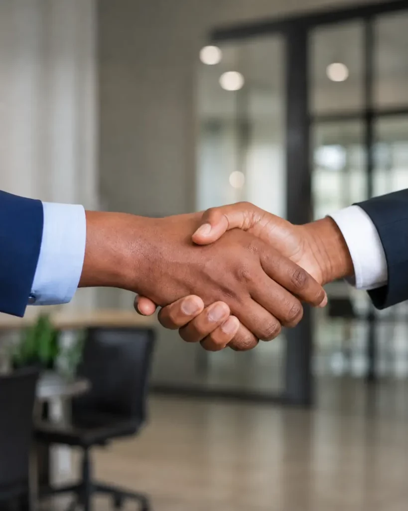 Two businesspeople shake hands in a modern office, signaling a signed immigration case