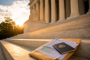 Open envelope with papers and a passport on marble steps in front of a colonnaded building at sunset, conveying official paperwork.
